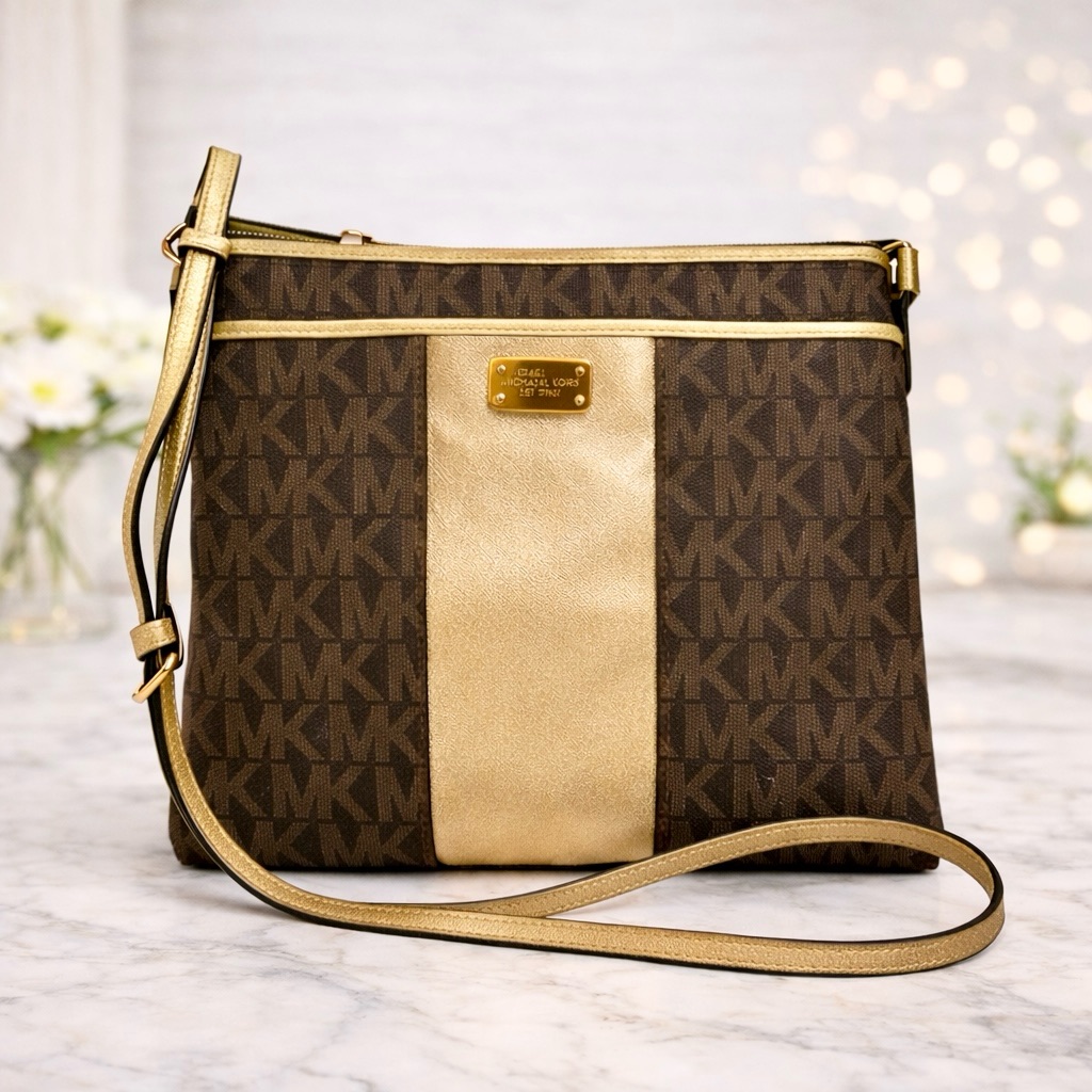 Michael Kors Jet Set Center Stripe Messenger Crossbody Brown/Gold